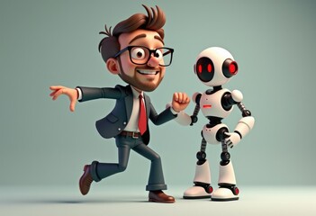 Poster - A cartoon businessman in a suit runs past a white robot with red eyes.