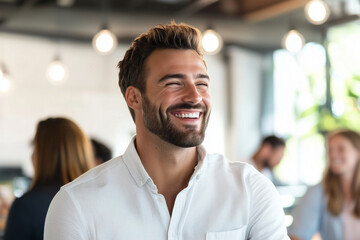 Poster - man with a beard is smiling and wearing a white shirt. He is surrounded by other people in a restaurant
