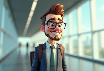 Poster - A cartoon man with a beard and glasses smiles while wearing a suit and carrying a backpack