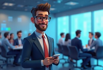 Poster - A smiling cartoon businessman in a suit and glasses holds a phone in a meeting room