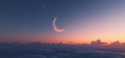 Wall Mural - a serene twilight sky with a crescent moon and stars above soft clouds.