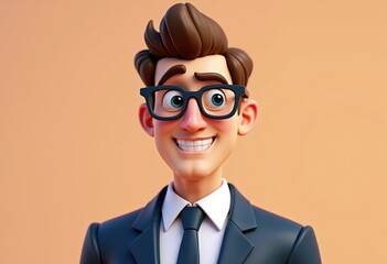 Poster - A 3D cartoon man in a suit and glasses smiles cheerfully.
