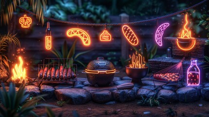 Poster - Develop a collection of neon backyard symbols, including shining grills