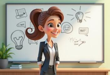 Poster - A cartoon woman in a suit stands confidently in front of a whiteboard with doodles.