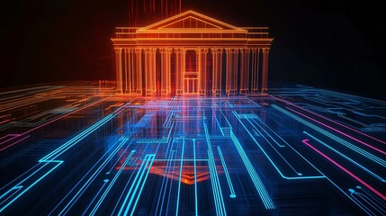 Poster - A digital representation of a historical building illuminated in vibrant neon colors, showcasing a fusion of architecture and technology.
