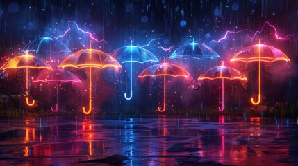Poster - develop a collection of neon precipitation symbols, including shining umbrellas