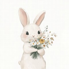 Poster - Cuddly rabbit holding a bouquet of flowers with ample space for text in a soft and cheerful illustration. Generative AI