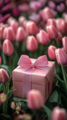 Canvas Print - Gift box among blooming pink tulips in a vibrant garden setting during springtime