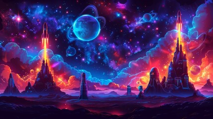 Poster - produce a neon set of space exploration symbols, including shimmering