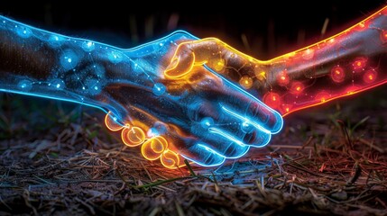 Poster - Create a collection of neon sportsmanship symbols, including illuminated handshakes