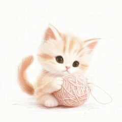 Poster - Cute kitten joyfully playing with a ball of yarn on a soft background with space for text. Generative AI