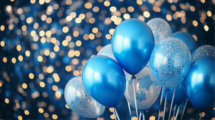 Wall Mural - Blue birthday balloons and sparkling lights on a blue background