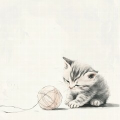 Poster - Cute kitten joyfully playing with a ball of yarn in a cozy indoor setting with room for text. Generative AI