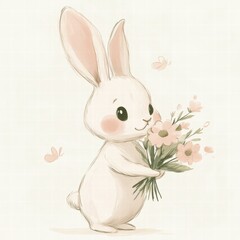 Poster - Cute rabbit with a bouquet of flowers ready to brighten up any space with its charm and cuteness. Generative AI
