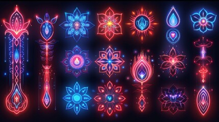 Poster - Produce a neon set of cultural interactions symbols, including shimmering
