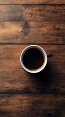 Sticker - Coffee cup with brown liquid and coffee beans on wooden surface at cozy cafe