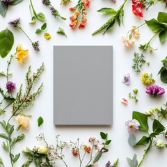 Wall Mural - Beautiful arrangement of fresh flowers surrounding a blank card on a light background