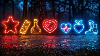 Poster - develop a collection of neon sports injury prevention symbols, including
