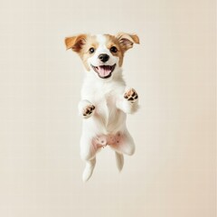 Poster - Joyful puppy leaps in mid air, displaying exuberance and playfulness in a bright and airy space. Generative AI