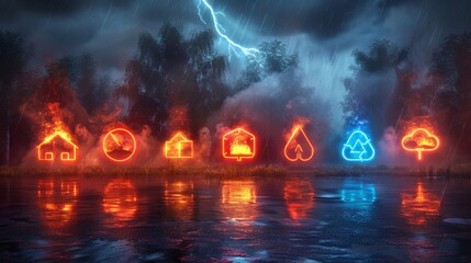 Poster - Produce a neon set of climate adaptation symbols, including illuminated