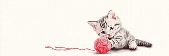 Poster - Cute kitten plays joyfully with pink ball of yarn showcasing playful spirit in a cozy indoor setting. Generative AI