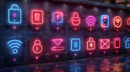 Poster - Curate a neon series of smart security system symbols, including