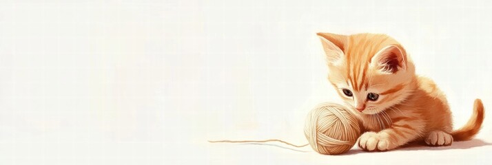 Poster - Cute kitten enjoys playtime with a ball of yarn on a soft background and ample space for text or design elements. Generative AI
