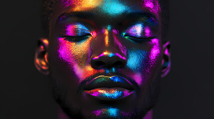 Closeup portrait of black man with bright colorful viscous makeup on black background in studio. generative ai. Velutinous. Illustration