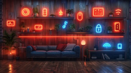 Poster - Craft a neon collection of home automation symbols, featuring glowing