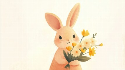 Poster - Cuddly rabbit holding a colorful bouquet of flowers in a whimsical setting with plenty of space for text. Generative AI
