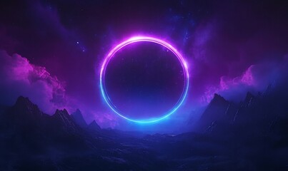 Wall Mural - a vibrant cosmic scene featuring a glowing circular portal amidst mountains.