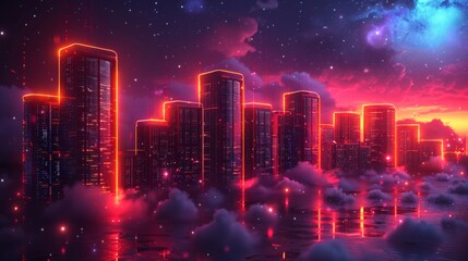 Poster - design a collection of neon virtualization symbols, including illuminated virtual