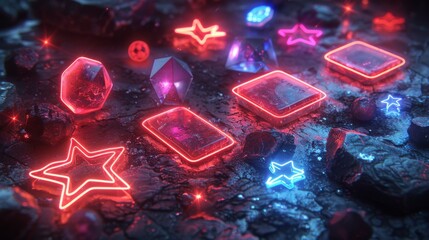 Poster - Devise a neon set of sports achievement symbols, including illuminated