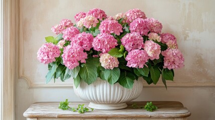 Poster - Beautiful pink hydrangeas in a decorative vase on a rustic wooden table by a bright window