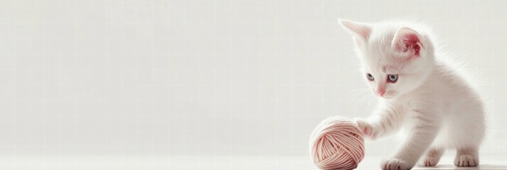 Poster - Cute kitten plays with a ball of yarn on a neutral background with ample copy space for text. Generative AI