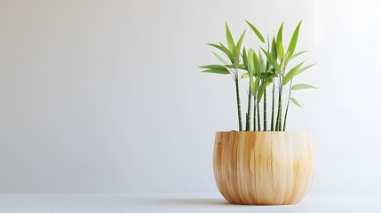 Canvas Print - A lush green bamboo plant thrives in a simple, elegant wooden pot against a minimalist white background.  Perfect for home decor or spa-themed imagery.