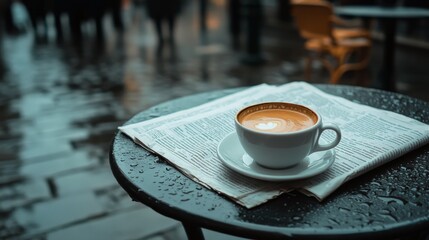 Sticker - Relaxing coffee moment on a rainy day with newspaper in outdoor cafe setting