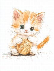 Poster - Cute kitten joyfully plays with a ball of yarn on a white background with space for text. Generative AI