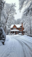 Wall Mural - Snow-covered house surrounded by pristine winter landscape in early morning light