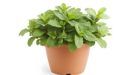 Canvas Print - A lush potted mint plant with vibrant green leaves, isolated on a white background. Perfect for culinary or herbal themes.