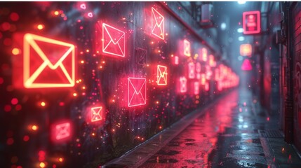 Poster - Craft a neon display of communication symbols, featuring illuminated emails