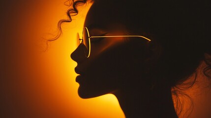 Canvas Print - Silhouette of woman with glasses, side profile, warm light.