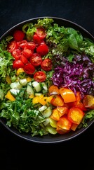 Wall Mural - Colorful vegetable salad with fresh herbs in a black bowl on a dark background