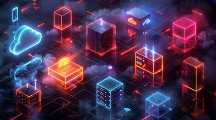 Poster - Design a series of neon cloud computing symbols, including shining