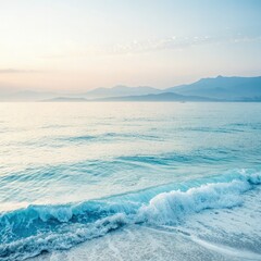 Poster - Crisp Gradient of Icy Blue Ocean Waves Meeting Serene Shoreline at Dawn. Generative AI