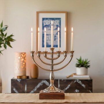 photo of a Jewish menorah with candles lit. The menorah is made of metal and has a traditional design with six branches and a central shaft