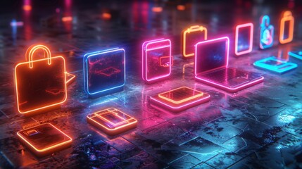 Wall Mural - Create a neon collection of work symbols, including glowing office