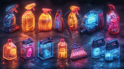 Wall Mural - Design a collection of neon household cleaning object symbols, including