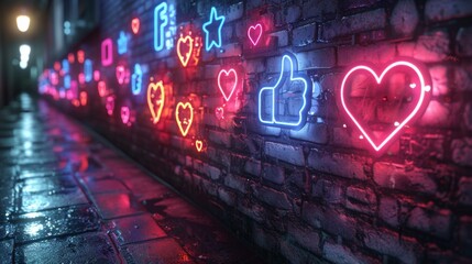 Poster - Devise a neon set of social media interaction symbols, including