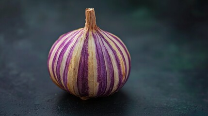 Poster - Unique striped garlic bulb with vibrant colors against a dark background